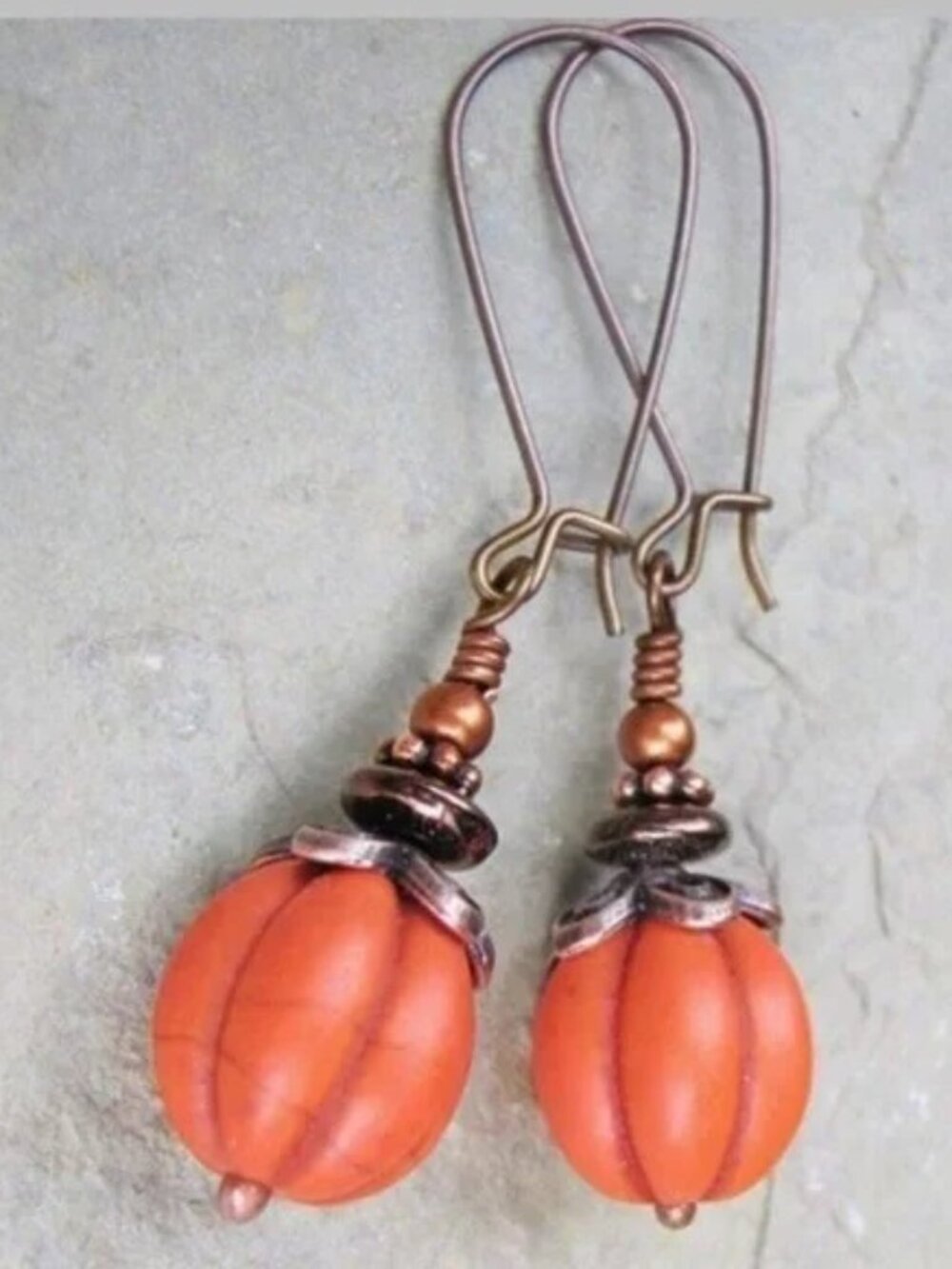 Rustic Pumpkin Earrings Copper Dangle Orange Gemstone Autumn Fall Boho Handmade